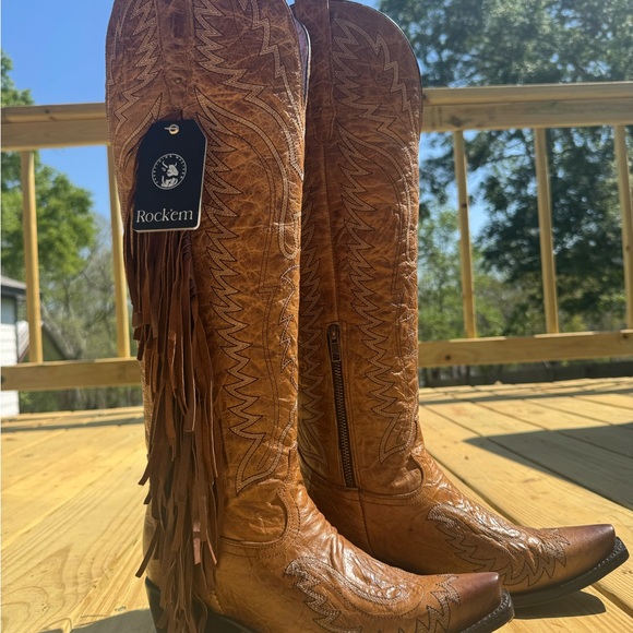 Rock'Em Shoes - Rock'em Women's Tan Leather Fringe Knee-High Heeled Boots